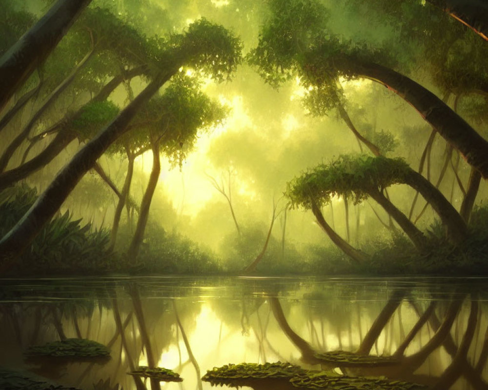 Tranquil pond reflects misty forest with bent trees & glowing light