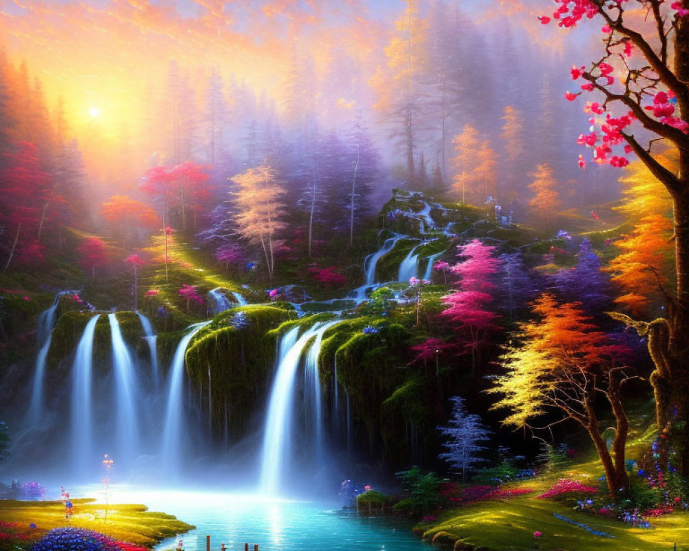 Colorful surreal landscape with waterfalls, lake, and sunset