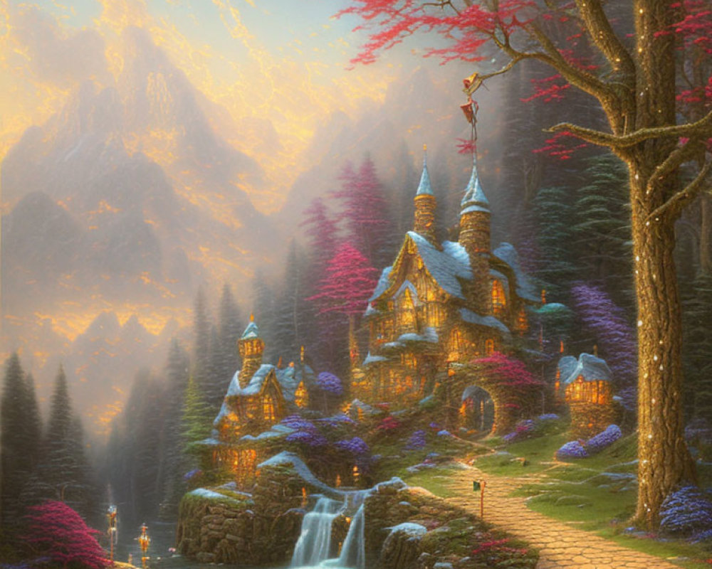 Enchanting forest scene with castle, waterfall, and colorful trees