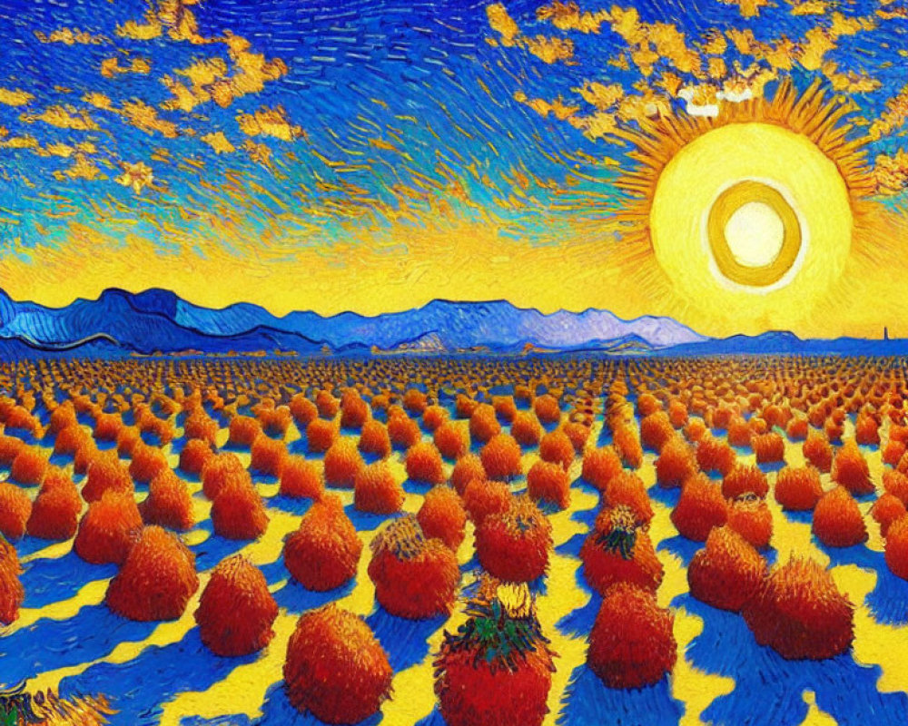 Colorful painting featuring swirling blue sky, bright yellow sun, orange trees, and blue mountains