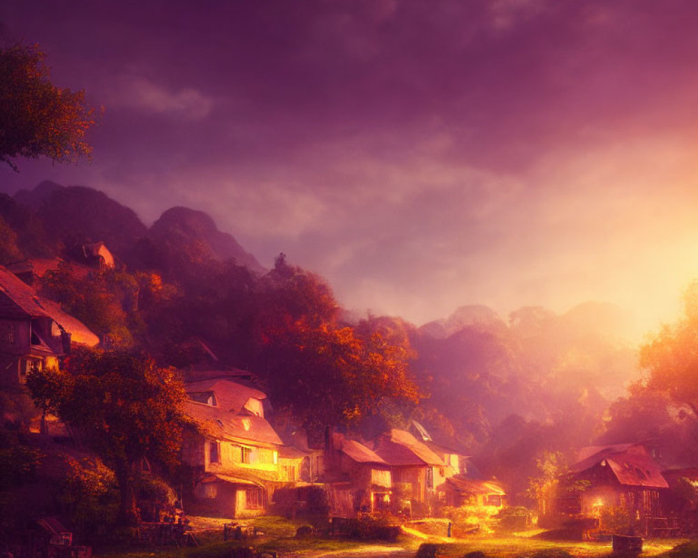 Tranquil village at sunset with warm light and misty mountains