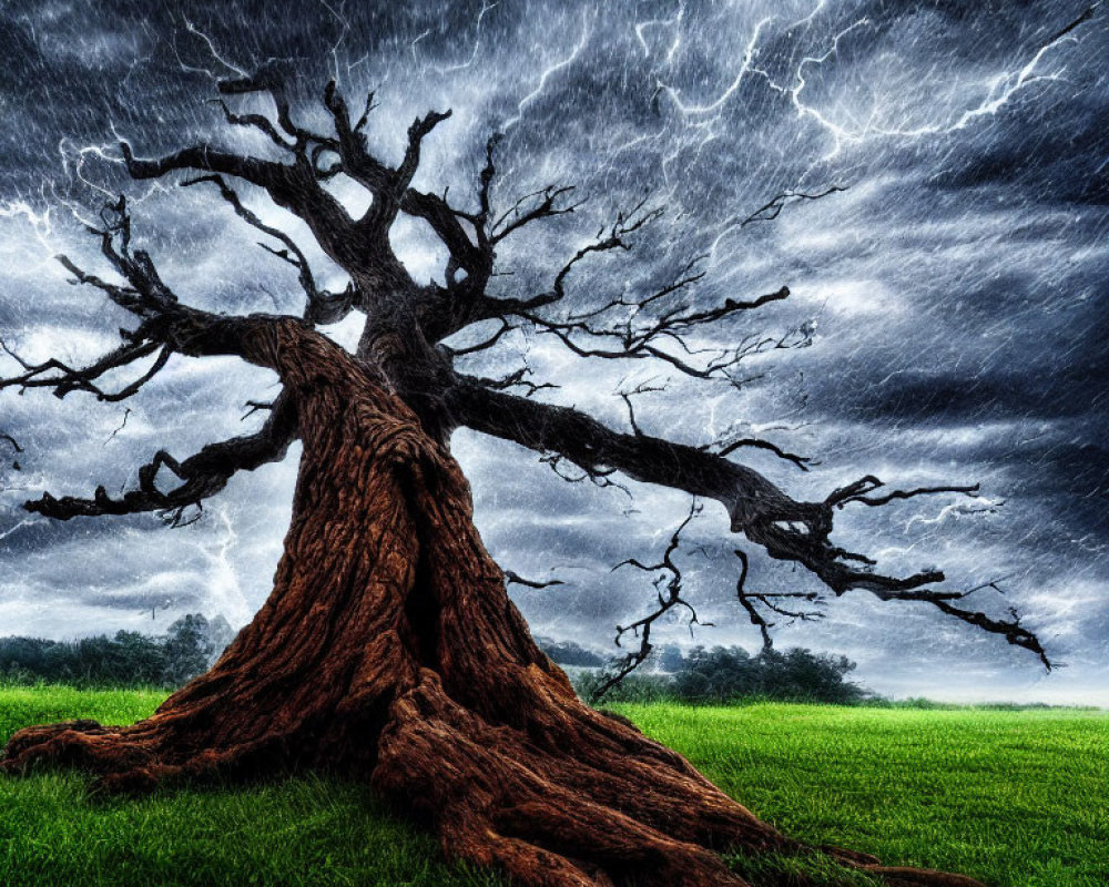 Majestic tree in vibrant field under stormy sky