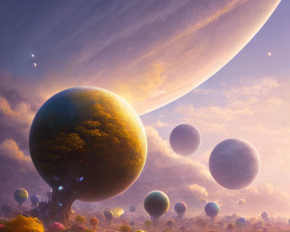 Large planet and floating spheres in surreal landscape at vibrant sunset