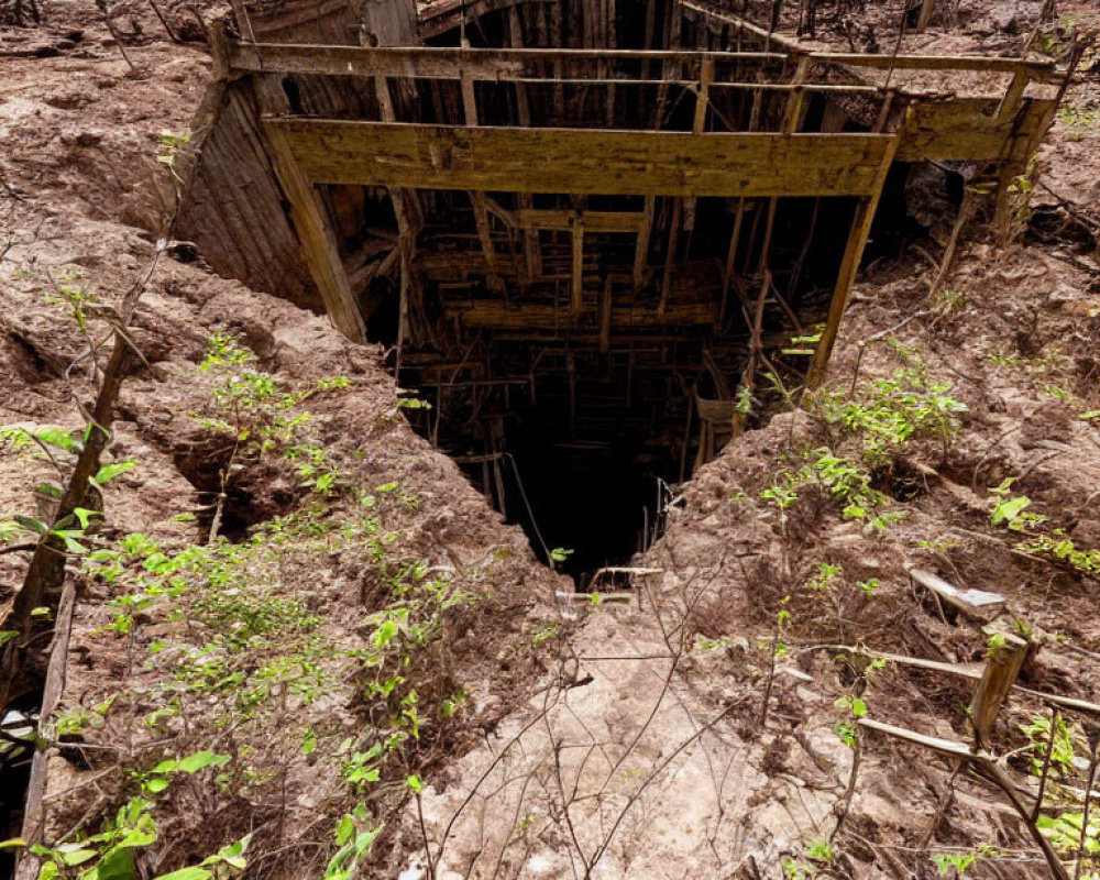 Desolate deep mine shaft with weathered wooden structures and barren landscape.