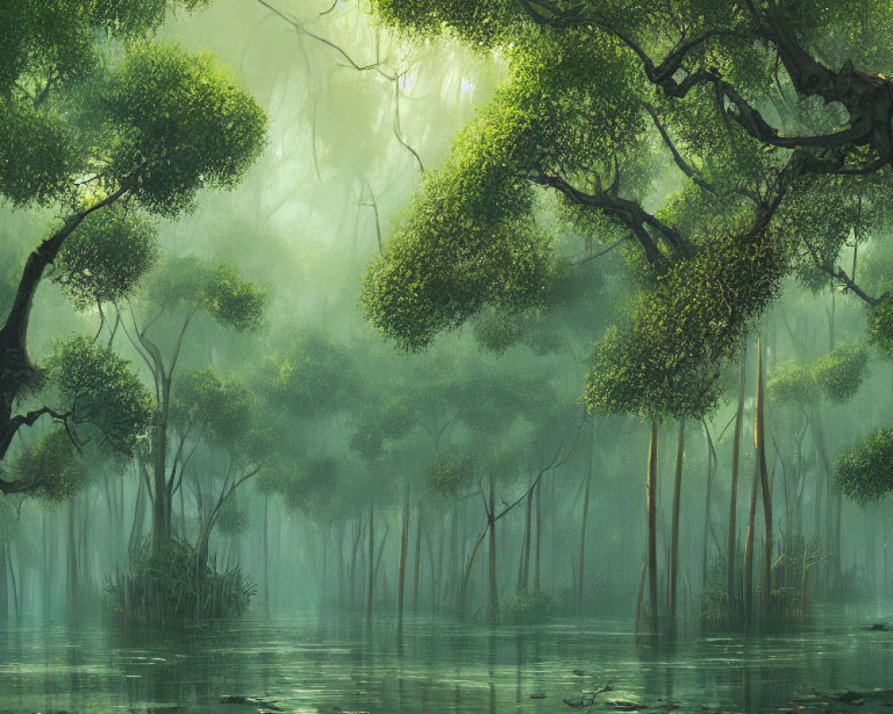 Misty forest scene with lush greenery and serene water reflection