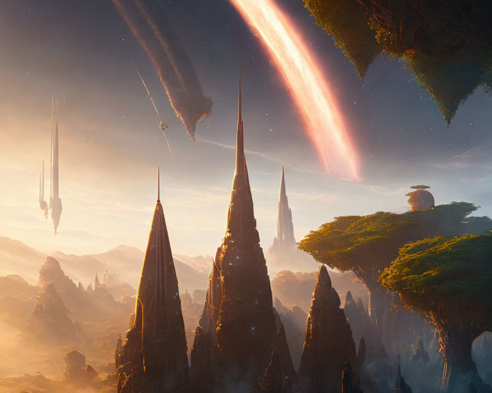 Fantastical landscape with towering spires, floating islands, roots, and meteorites