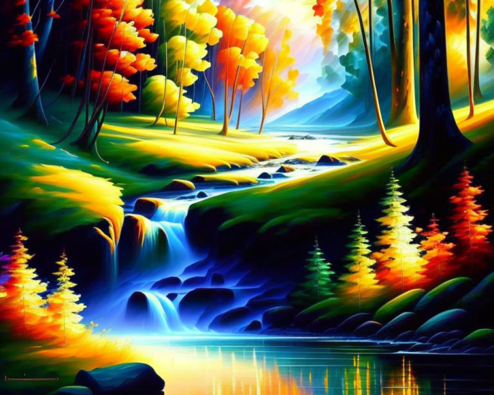 Colorful Autumn Forest with Cascading Stream and Ethereal Light