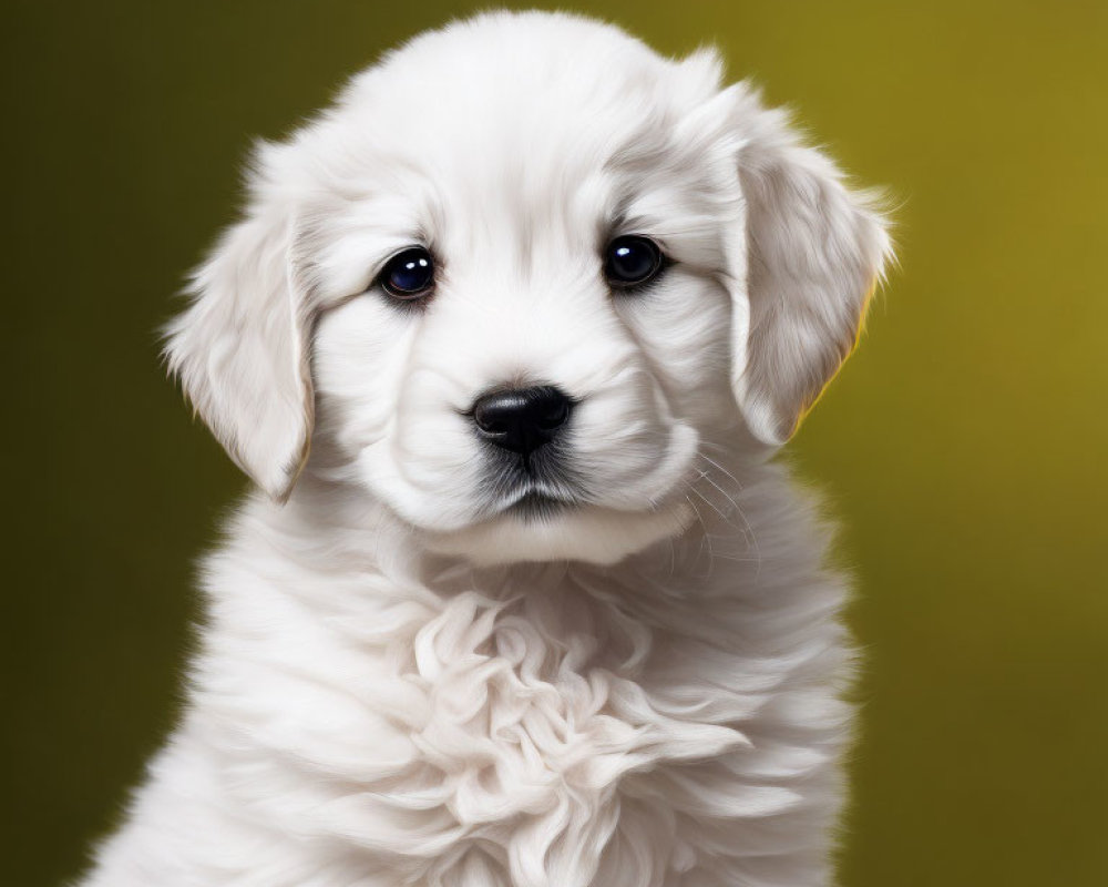 Fluffy White Puppy with Floppy Ears on Yellow-Green Background with Purple Flowers