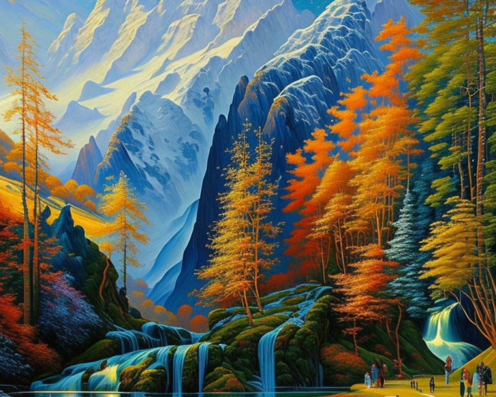 Colorful Mountain Landscape with Waterfalls, Lake, and Autumn Trees