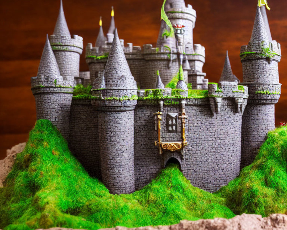 Detailed Medieval Castle Model with Turrets, Keep, Moss, Stone Walls on Brown Background