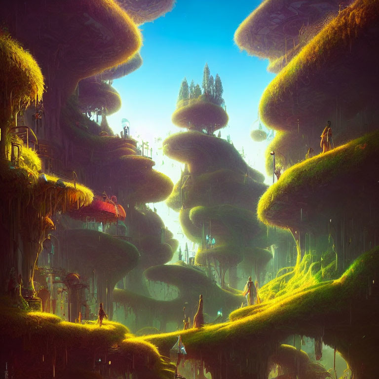 Mystical fantasy landscape with towering mushroom-like structures and tiny figures in golden light