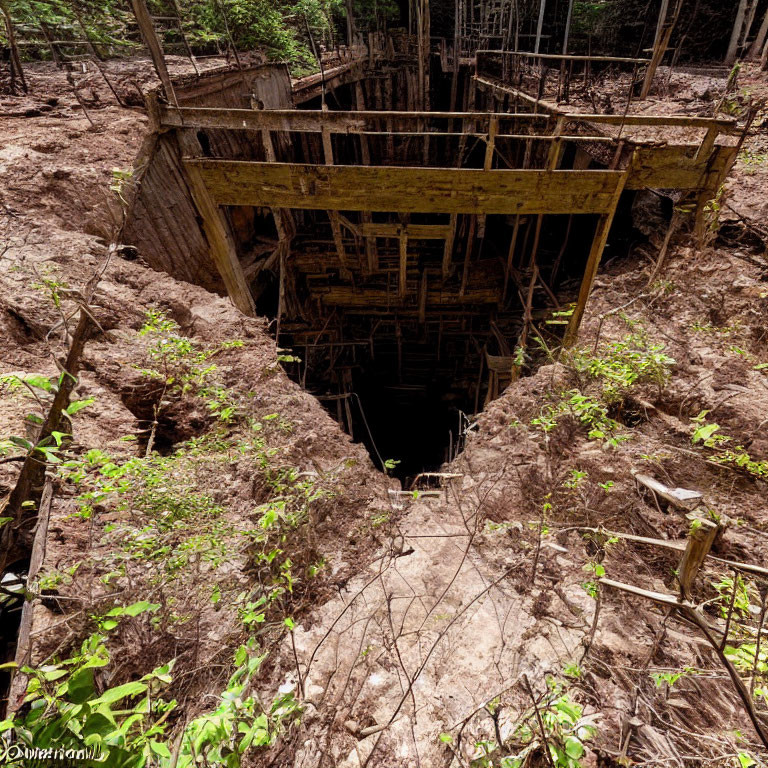 Desolate deep mine shaft with weathered wooden structures and barren landscape.