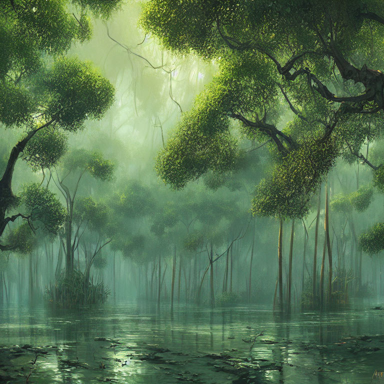 Misty forest scene with lush greenery and serene water reflection