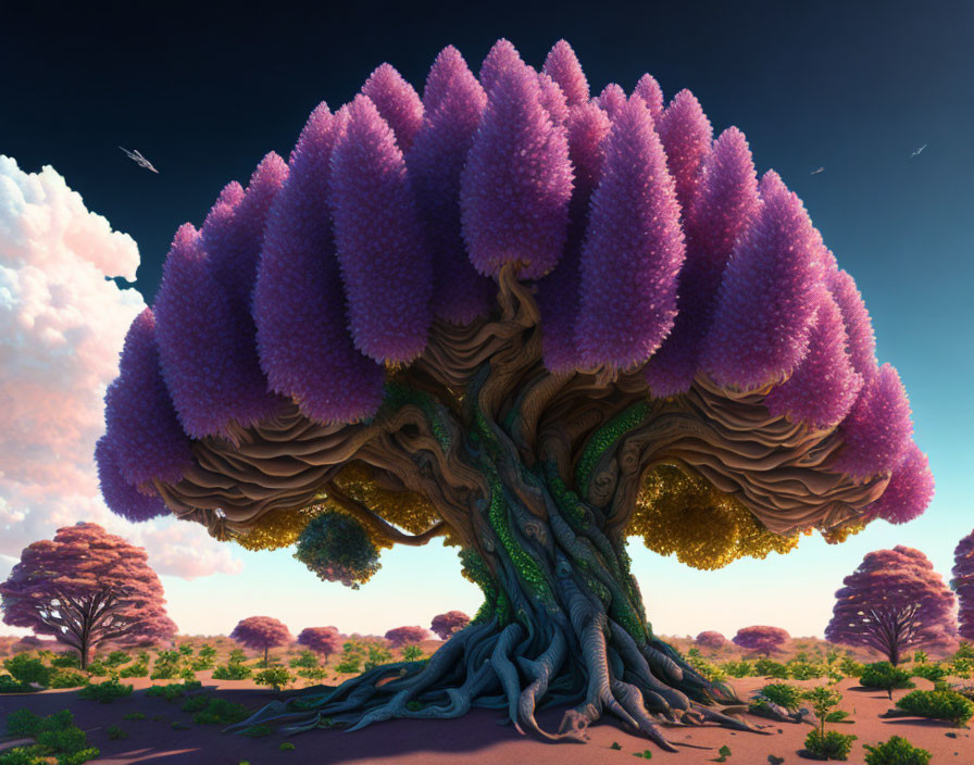 Vibrant purple coral-shaped foliage on large desert tree against vivid sky