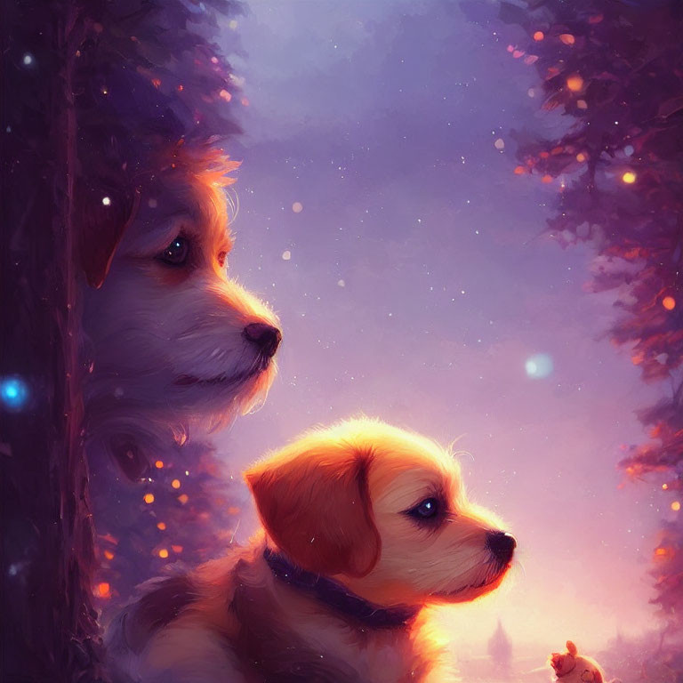 Two dogs in purple twilight sky with autumn trees