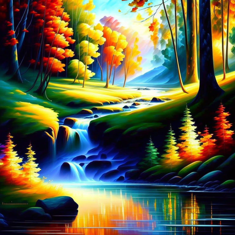 Colorful Autumn Forest with Cascading Stream and Ethereal Light