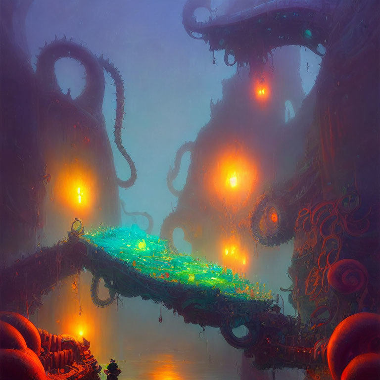 Glowing lights and tentacle-like structures in surreal cityscape