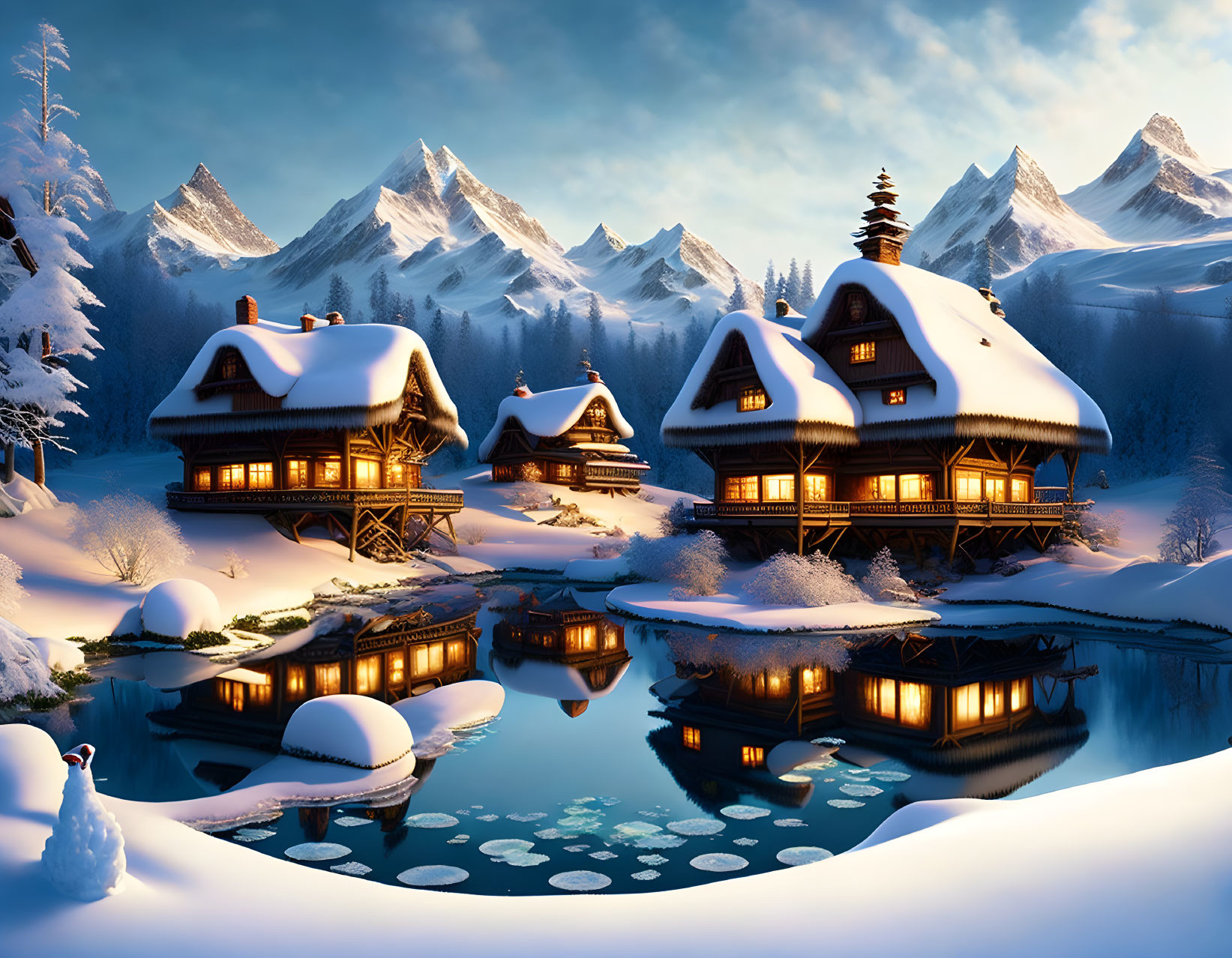 Winter Mountain Landscape: Snow-Covered Chalets and Pond Reflections