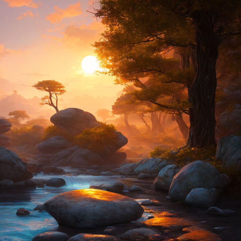 Serene forest stream at sunrise with rocks and lush trees