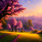 Pink Blossoming Trees and Sunset Glow in Peaceful Landscape