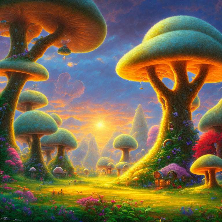 Vibrant landscape with oversized mushroom-shaped trees and colorful flowers at sunset