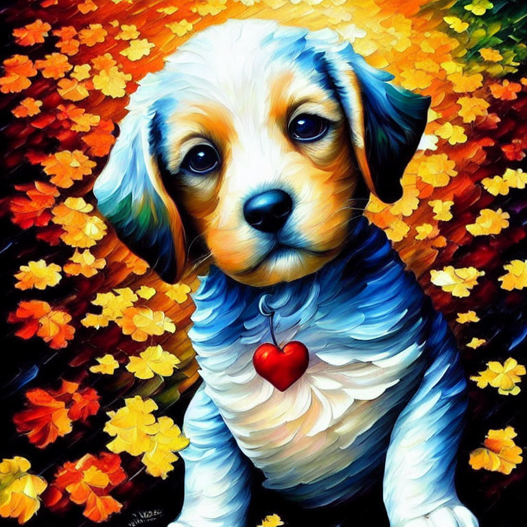 Colorful Autumn Leaves Surround Cute Puppy with Red Heart Pendant