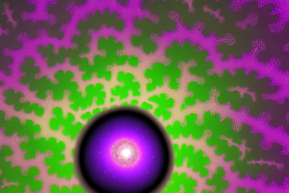 Colorful Fractal Pattern with Green and Purple Circle on Murky Background