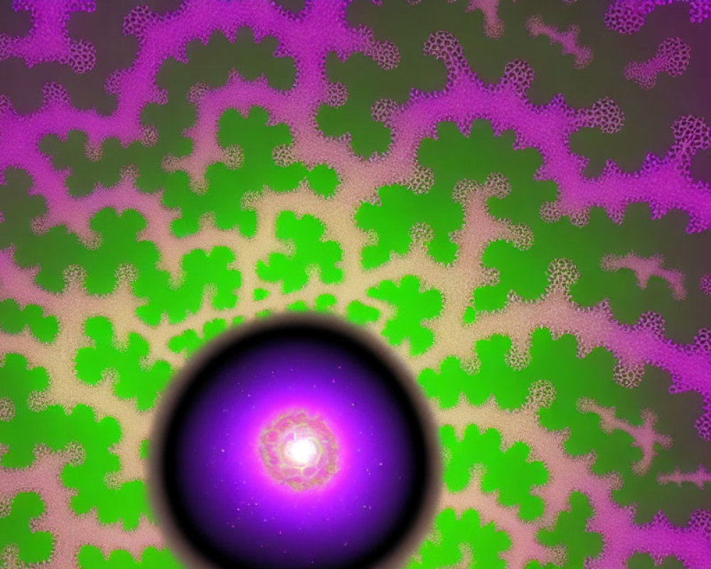 Colorful Fractal Pattern with Green and Purple Circle on Murky Background