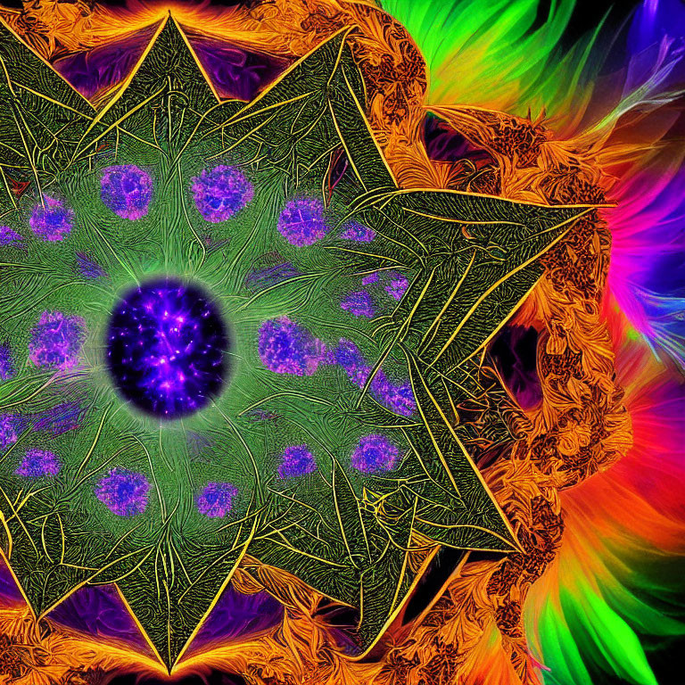 Colorful digital artwork: Star-shaped mandala with intricate patterns