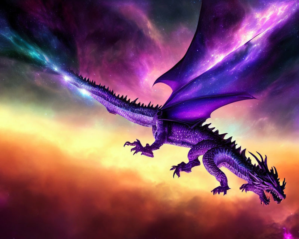 Purple dragon flying in vibrant cosmic sky with orange, pink, and blue hues