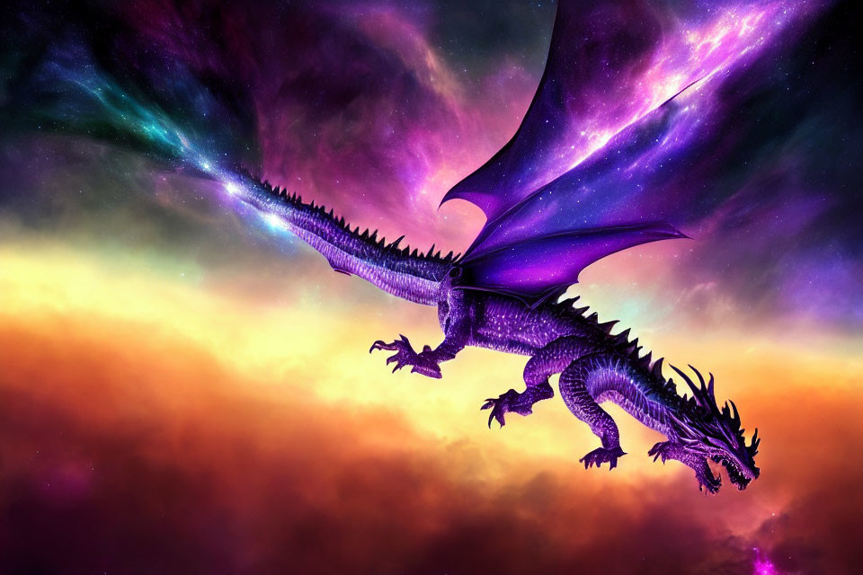 Purple dragon flying in vibrant cosmic sky with orange, pink, and blue hues