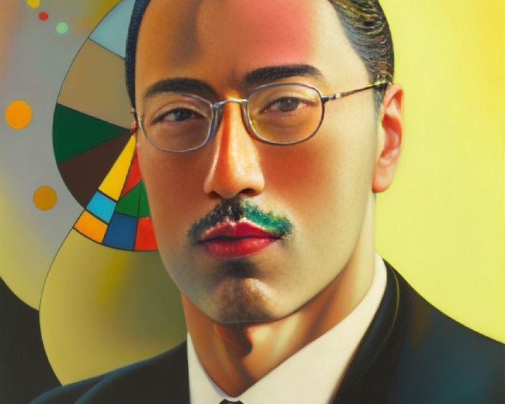 Stylized mustached man in suit with glasses against abstract shapes