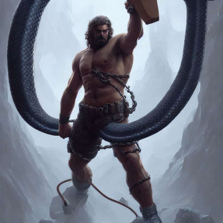 Muscular bearded man in loincloth wields hammer among serpent coils