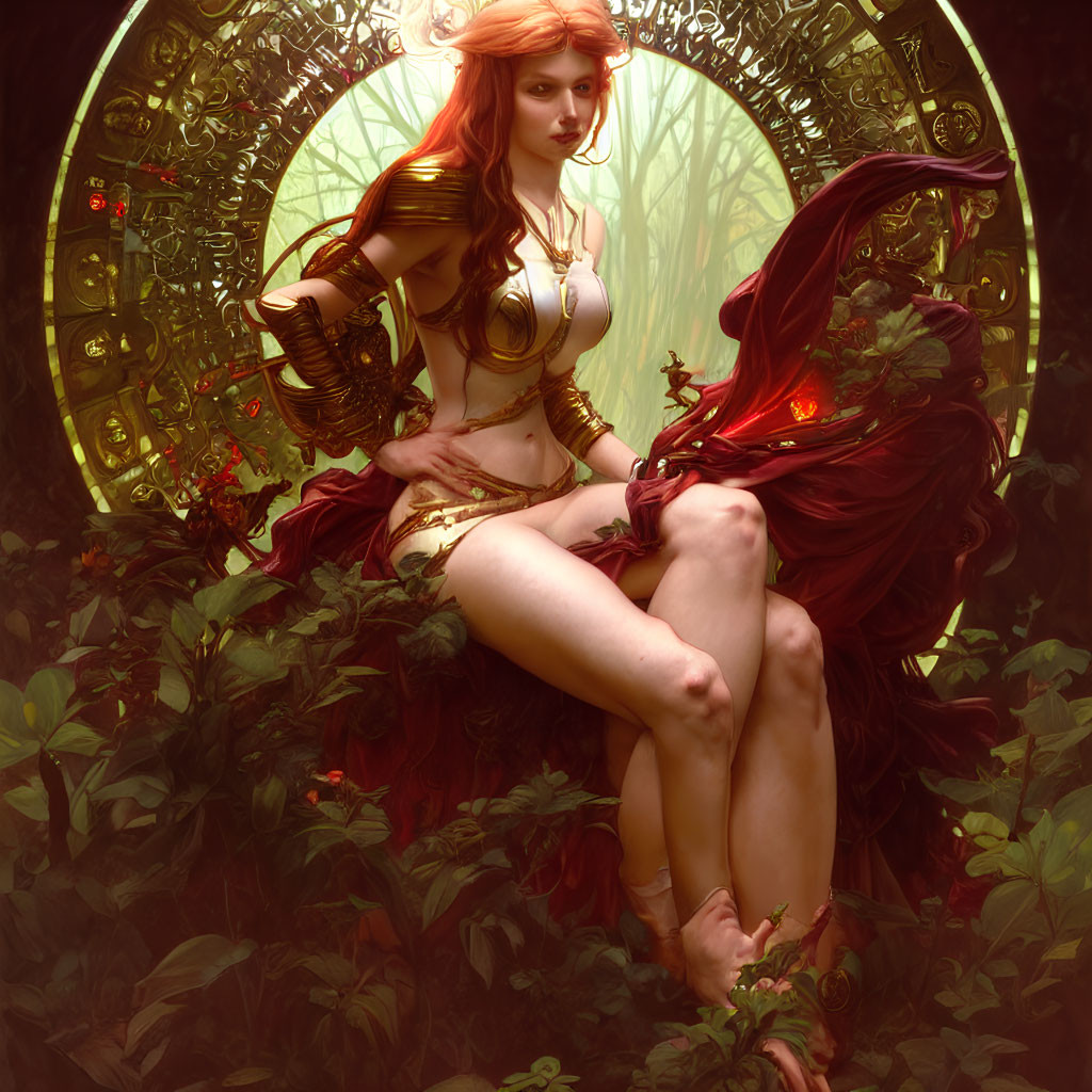 Fantasy illustration of woman in golden armor with red hair and cloaked figure