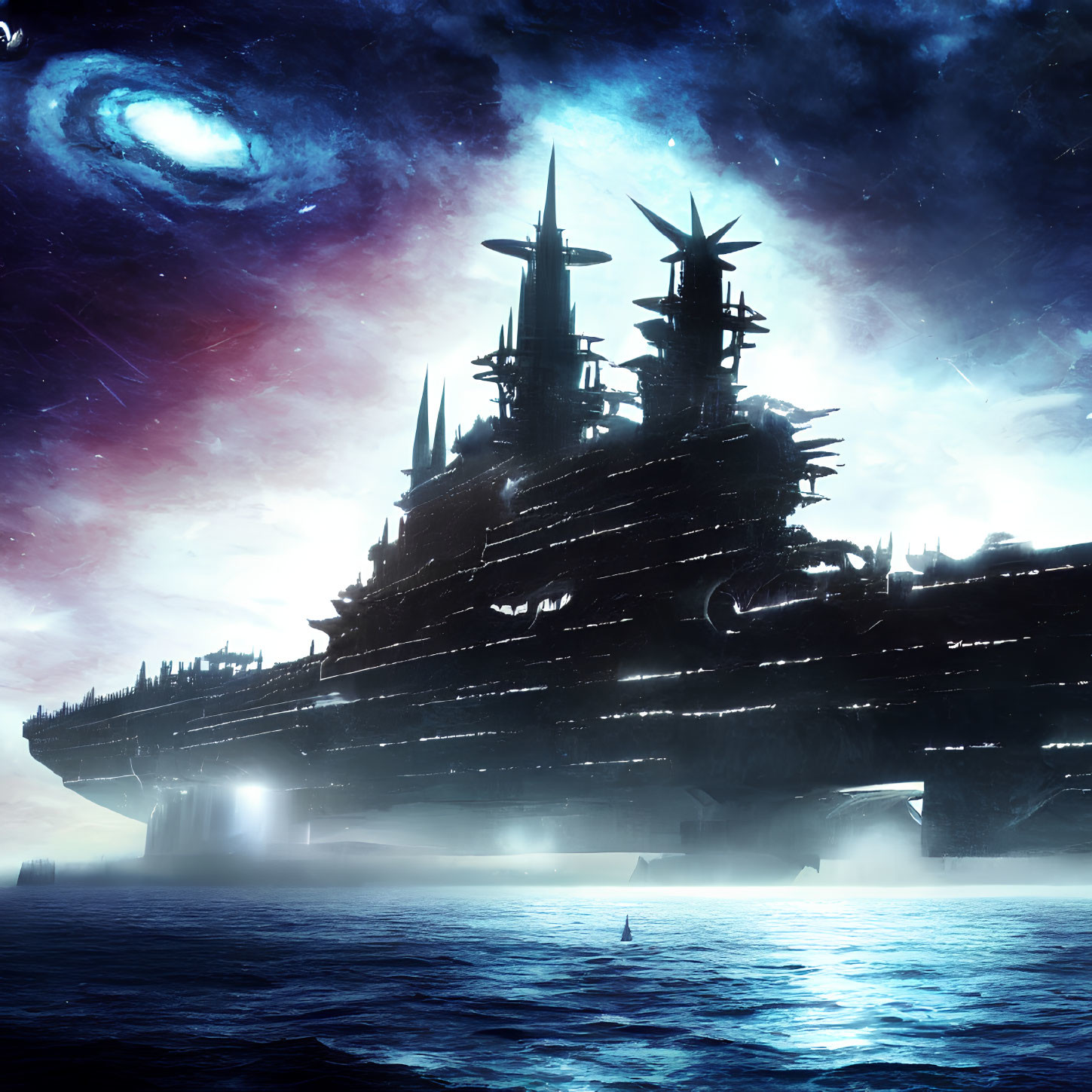 Gigantic futuristic spaceship over calm ocean under starry sky