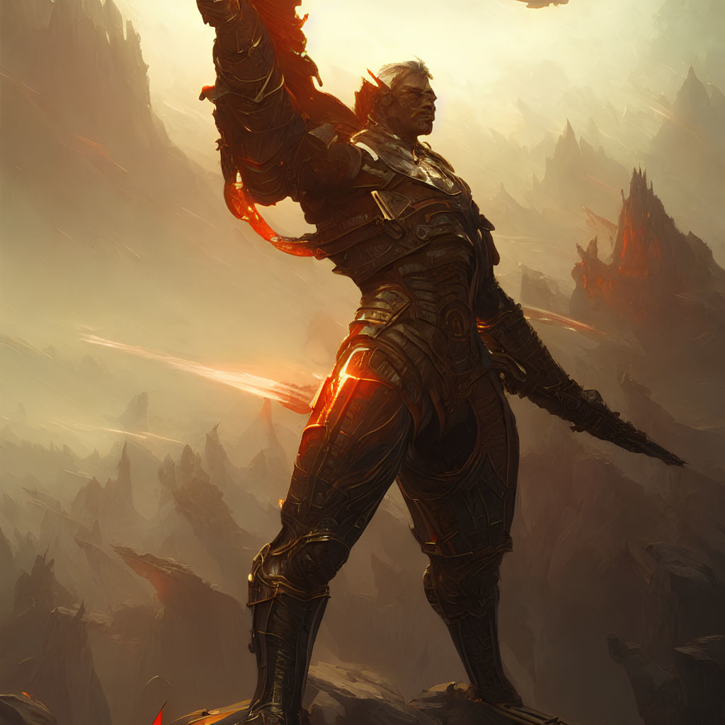 Armored figure with glowing sword in rocky landscape