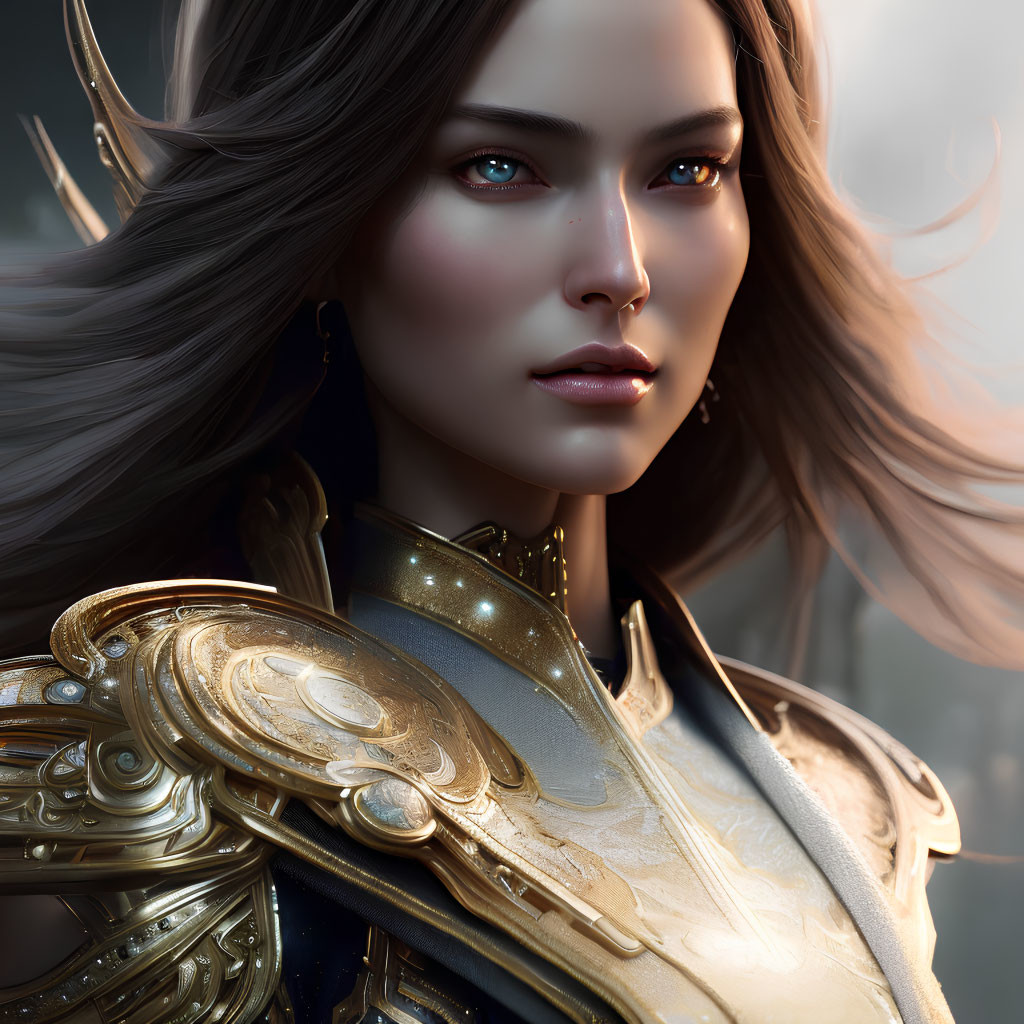 Digital Artwork: Woman in Golden Armor with Blue Eyes