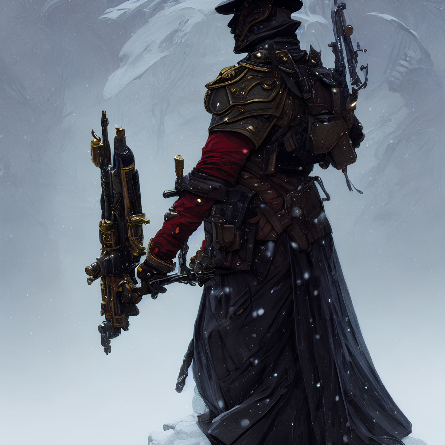 Stoic figure in black coat with gold embellishments holding rifle in snowy setting