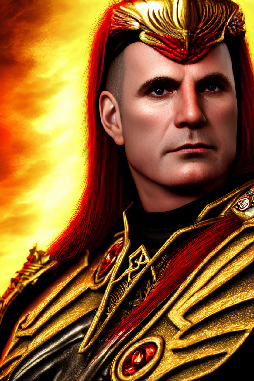 Fiery red and orange backdrop with stern-looking figure in golden armor and red mohawk