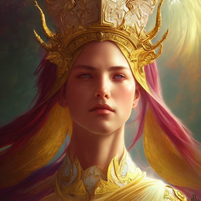 Regal figure with golden crown and shifting hair colors on colorful backdrop