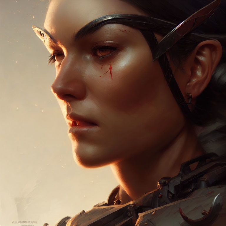 Detailed Close-Up Portrait of Determined Elf in Armor