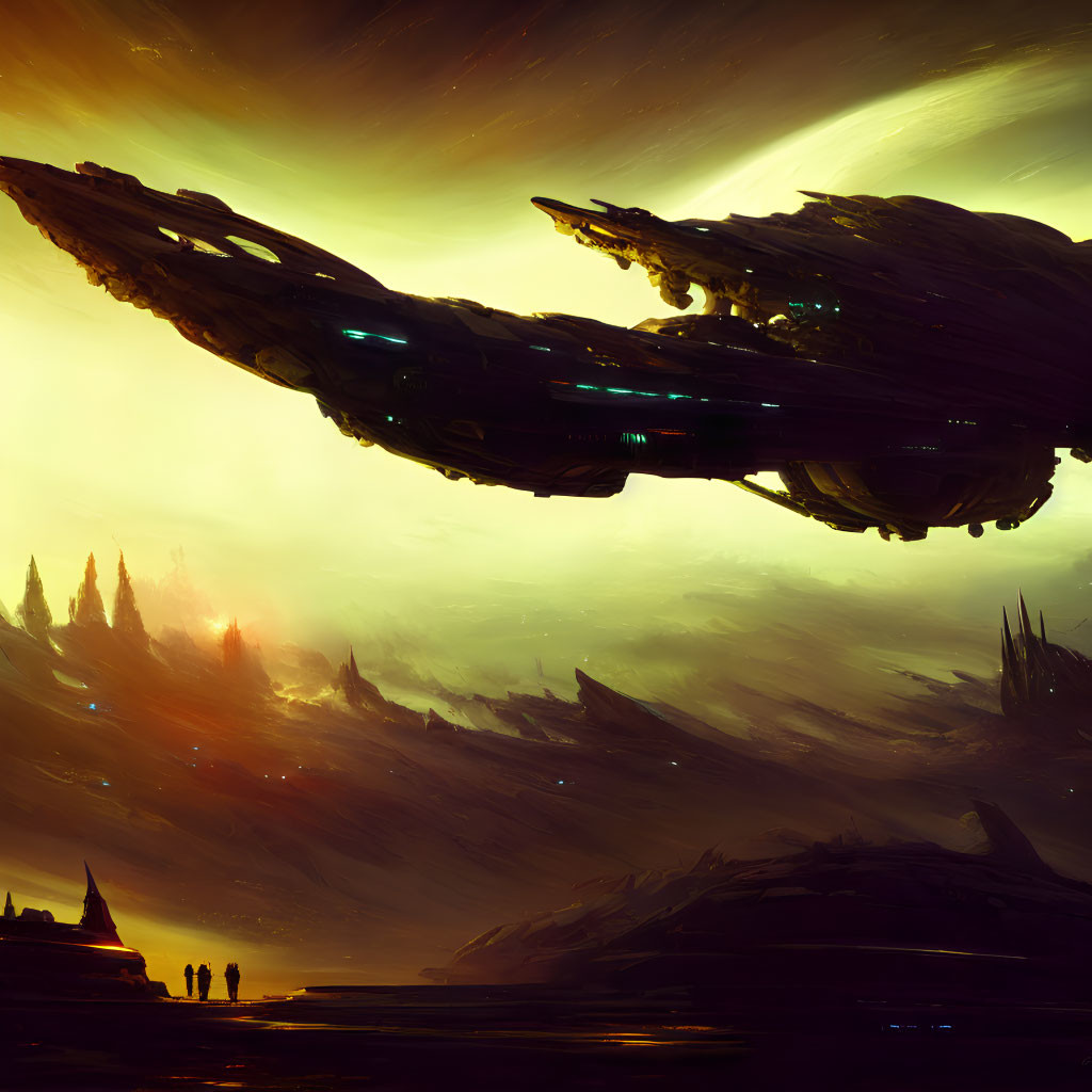 Gigantic spaceship above alien landscape with spires under yellow sky