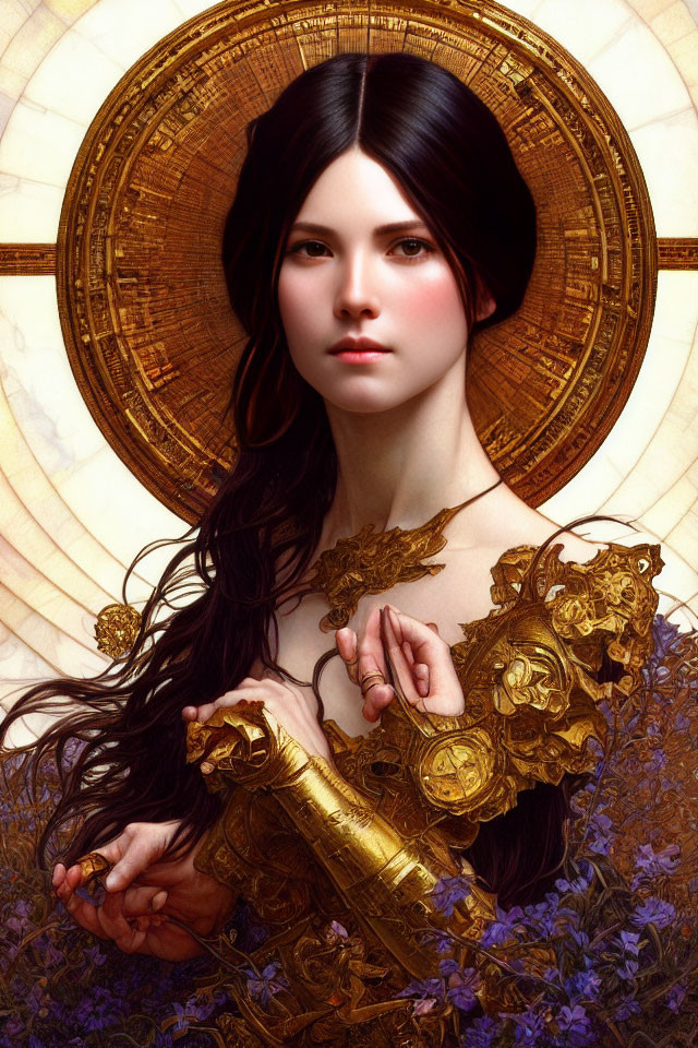 Portrait of Woman in Golden Armor with Ethereal Beauty