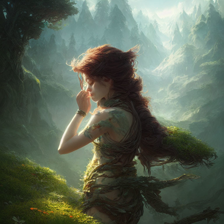 Young Woman in Forest with Leaves and Vines, Mountains in Background