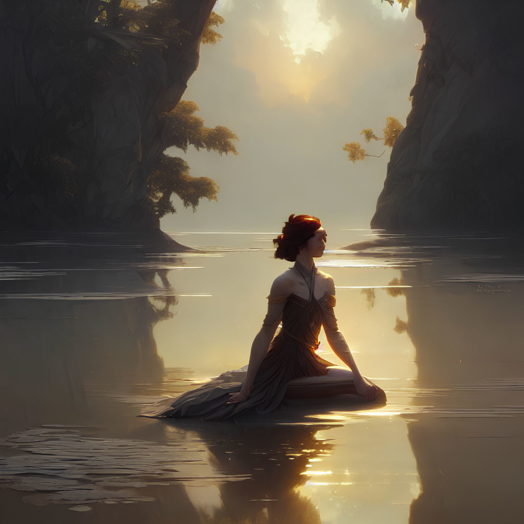 Woman sitting on reflective water surrounded by misty cliffs and soft light.