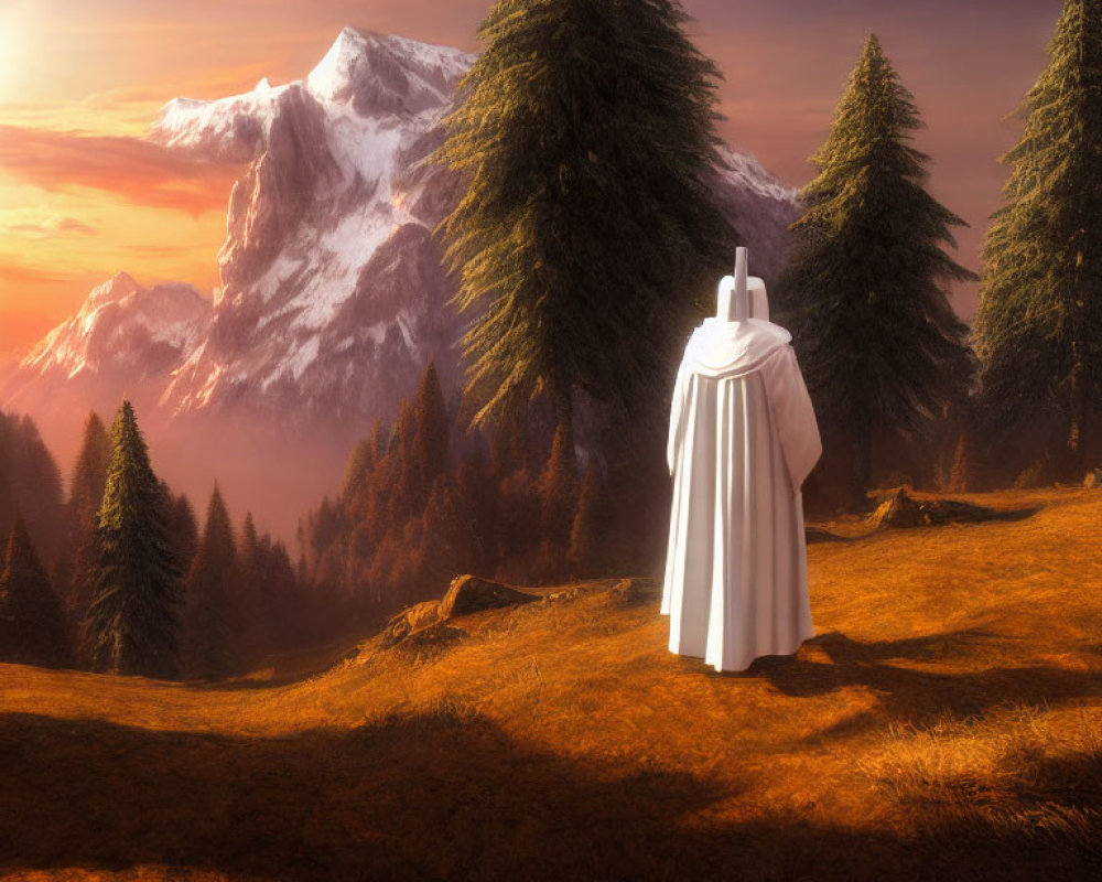 Cloaked figure admires majestic mountain range at sunrise or sunset