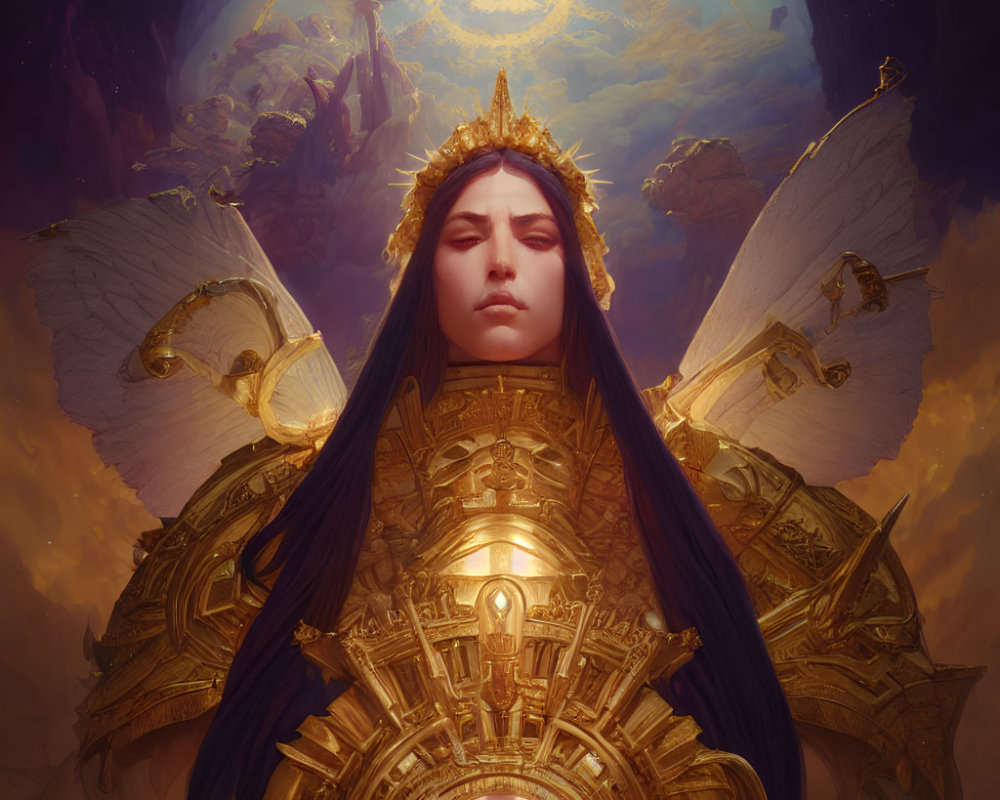 Regal figure in golden crown and ornate armor with angelic wings against cosmic backdrop