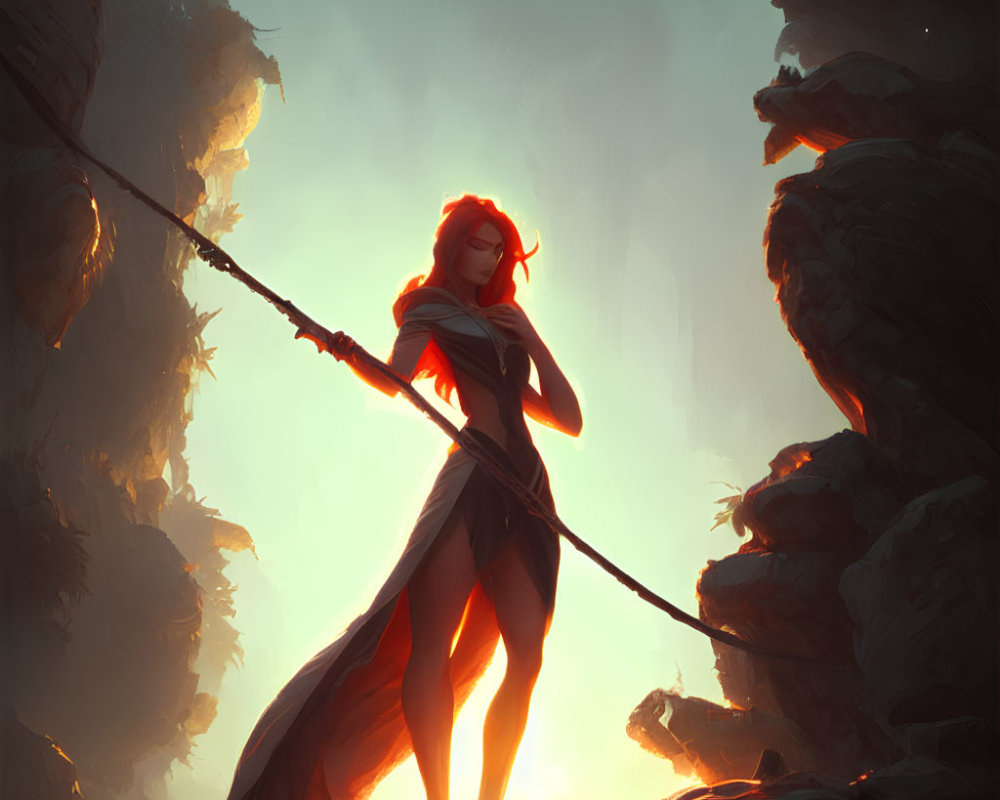 Red-haired female warrior with staff on rocky outcrop in misty background