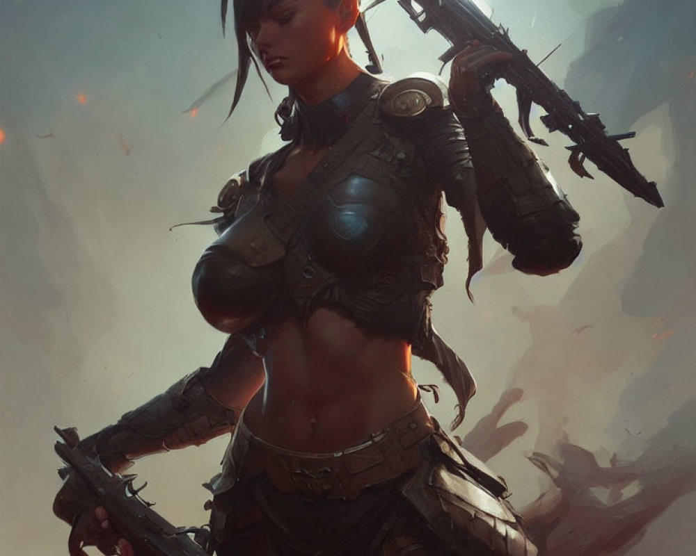 Female warrior in futuristic armor with cybernetic arm holding rifle on battlefield