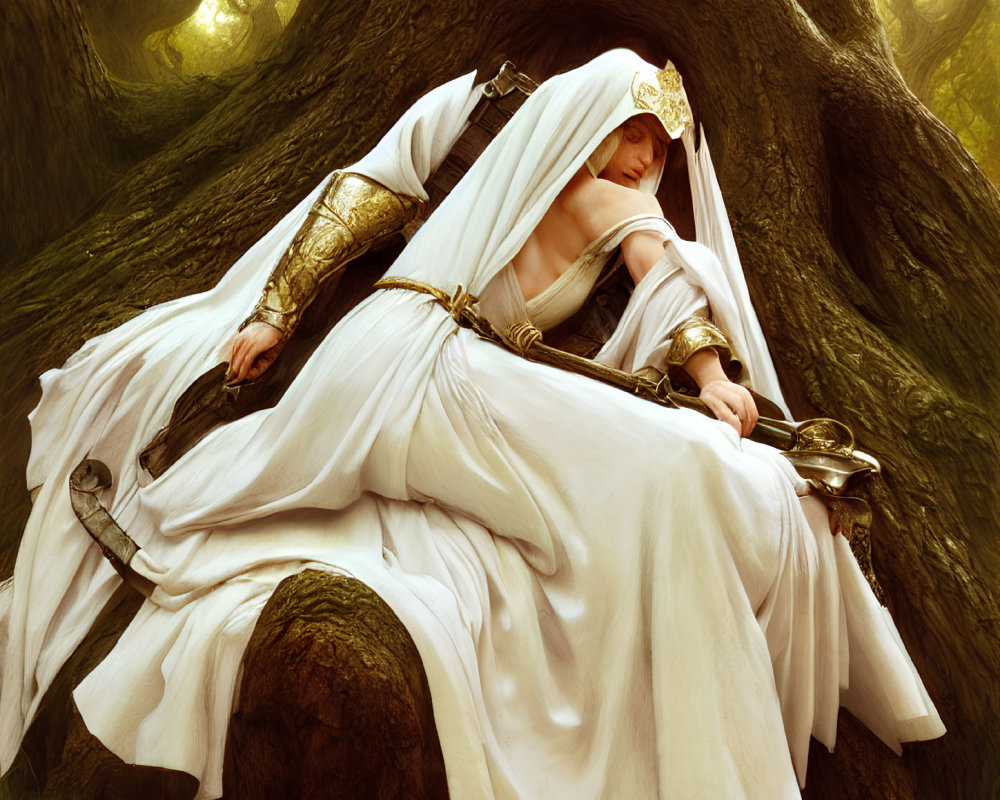 Elaborate Fantasy Attire: Person in White Robe in Forest